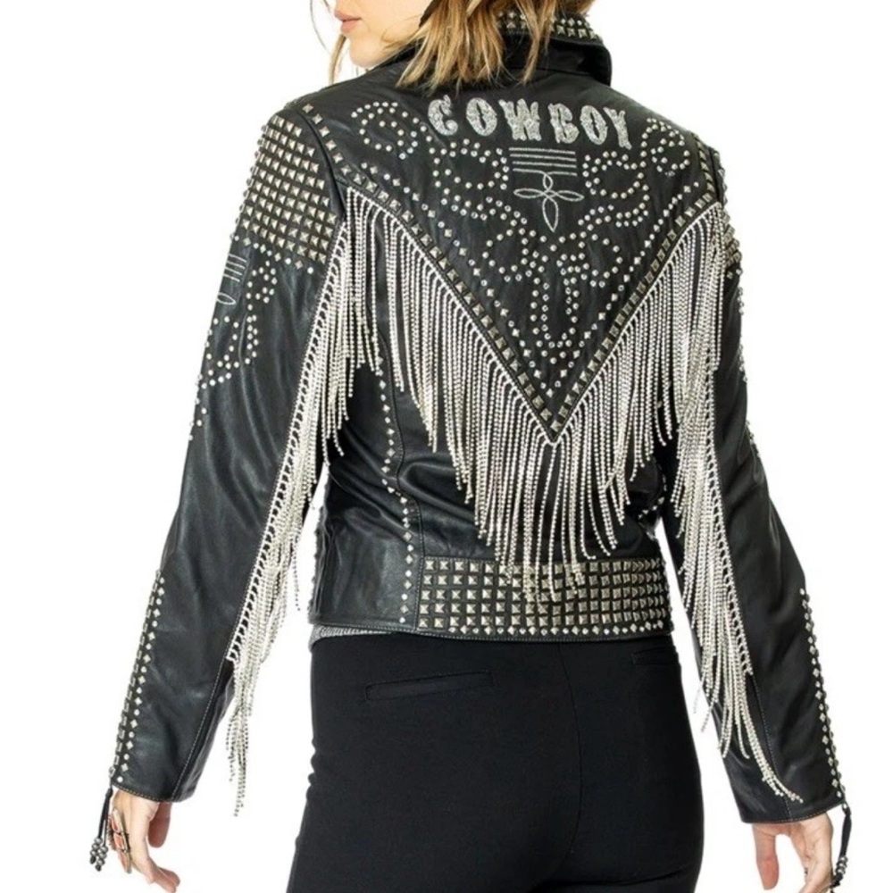 Double D Ranch Rhinestone Fringe Cowboy Leather Jacket beaded crystal RTL 1395